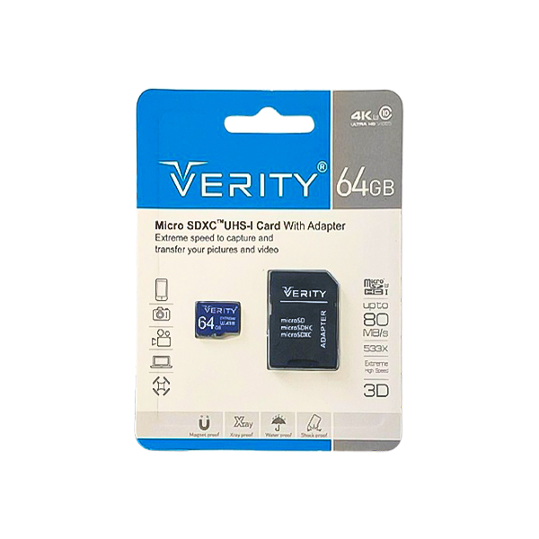 کارت حافظه Microsd 64G وریتی مدل U3 / 80m به همراه آداپتور