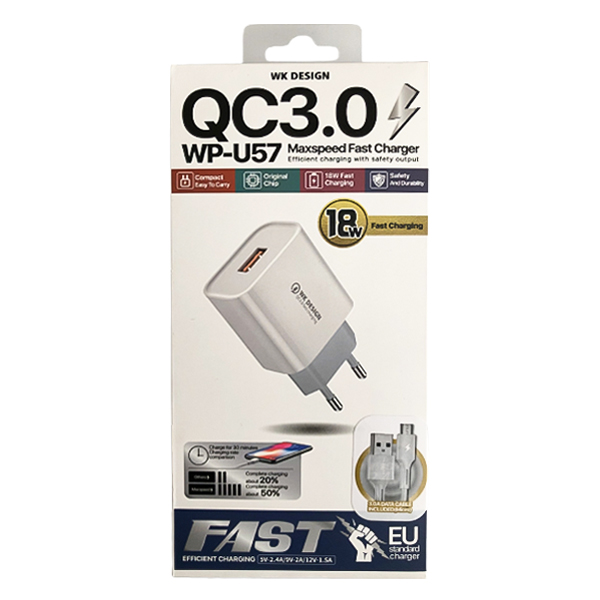 شارژر دیواری WK DESING مدل WP-U57 QC3 18W همراه با کابل میکرو