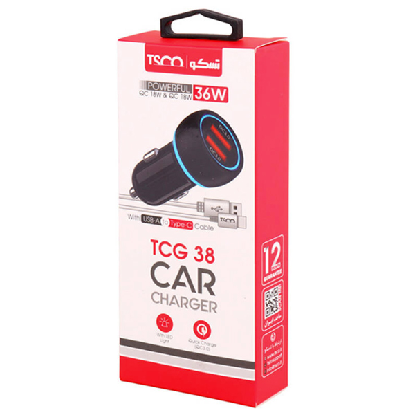 شارژر فندکی تسکو مدل TCG 38 QC3.0 PD 36W به همراه کابل Type-C