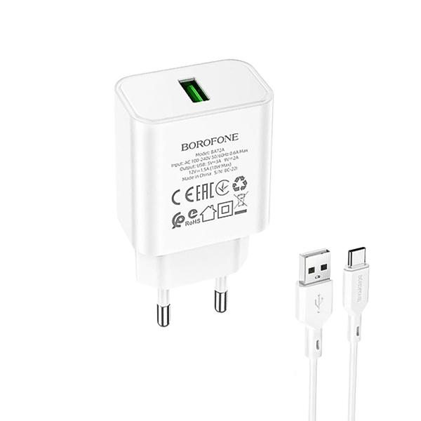 شارژر دیواری 18W QC3 بروفون مدل BA72A به همراه کابل Type-C