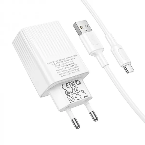 شارژر دیواری QC 18W بروفون مدل BAS72A + کابل تایپ سی