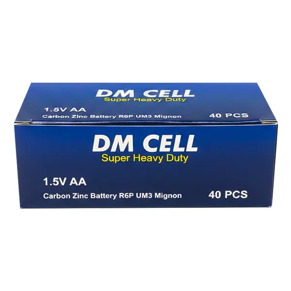 نمای بسته‌بندی کارتنی ۴۰ عددی باتری قلمی برند DM CELL
