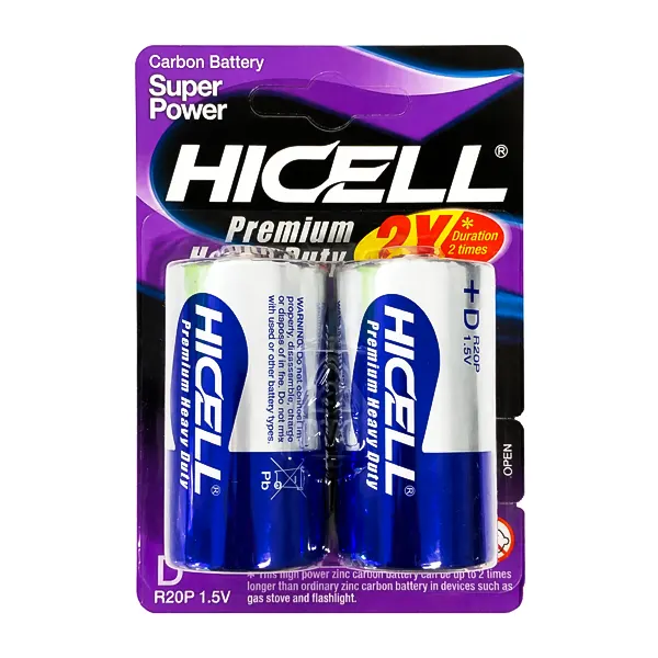 دو عدد باتری بزرگ HICELL مدل R20P سایز D در بسته‌بندی کارتی