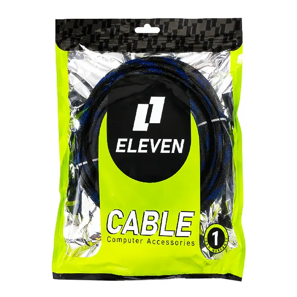 بسته‌بندی پاکتی کابل HDMI 4K ایلون 10 متری با روکش بافته مشکی آبی