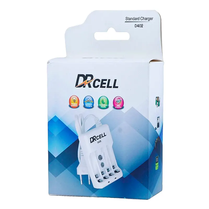 نمای بسته‌بندی شارژر باتری DRCELL مدل D402