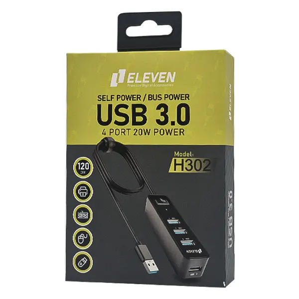 بسته‌بندی هاب USB 3.0 ایلون H302 به همراه کابل اتصال