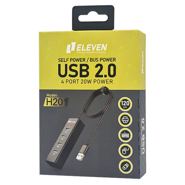 بسته‌بندی و کابل بلند هاب USB 2.0 ایلون H201