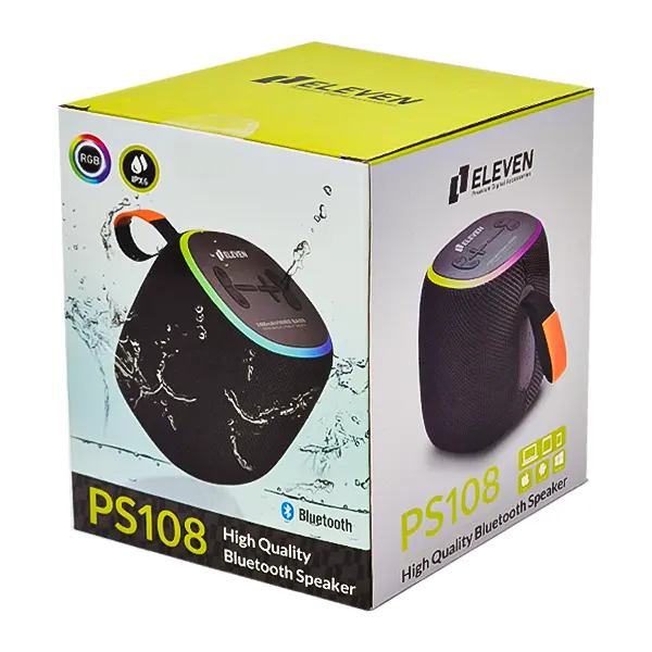 جعبه بسته‌بندی اسپیکر بلوتوثی ضد آب ایلون مدل Eleven PS108 High Quality Bluetooth Speaker