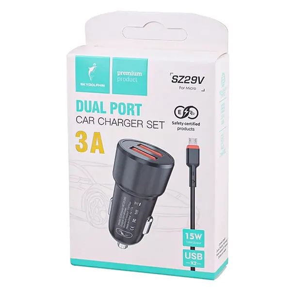 بسته‌بندی اصلی و مشخصات فنی شارژر فندکی Sky Dolphin مدل SZ29V