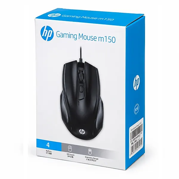 جعبه بسته‌بندی ماوس گیمینگ سیمی HP M150 با نماد ۴ کلید و طراحی ارگونومیک