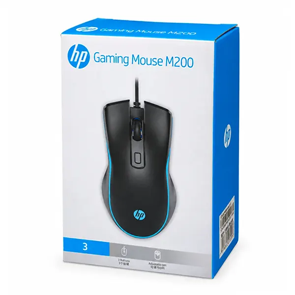 جعبه بسته‌بندی ماوس گیمینگ سیمی HP M200 با درج ۳ کلید و قابلیت تنظیم DPI