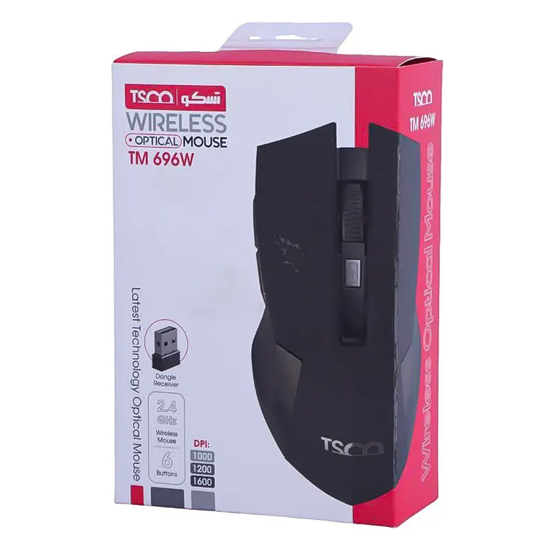 جعبه بسته بندی ماوس وایرلس TSCO TM 696W به همراه اطلاعات فنی