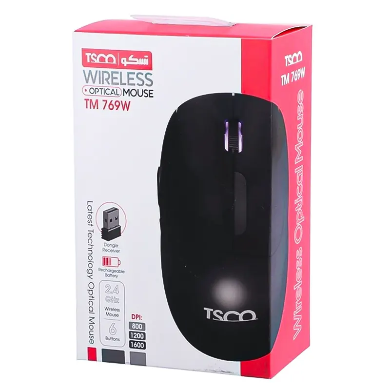 جعبه بسته بندی ماوس بی سیم تسکو TM 769W با جزئیات فنی و باتری شارژی