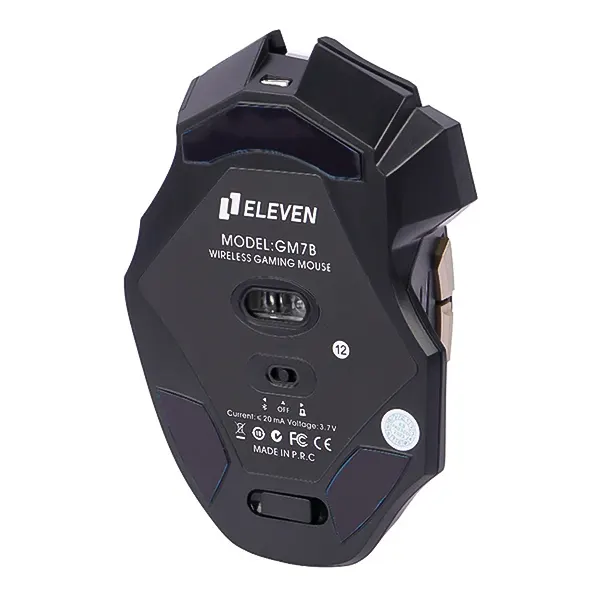 نمای زیرین ماوس گیمینگ دو حالته ایلون مدل GM7B و کلید سوئیچ بلوتوث و 2.4G