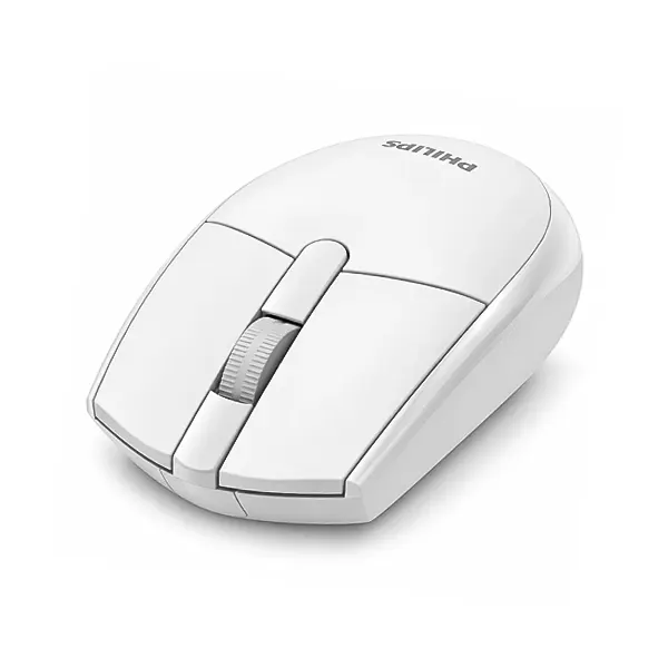 نمای سه‌بعدی ماوس بی‌سیم سفید رنگ Philips SPK7337 با اسکرول دندانه‌دار