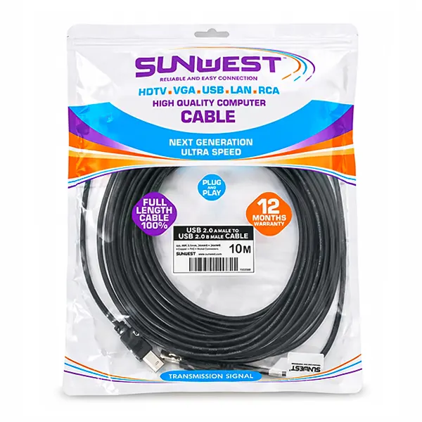 کابل پرینتر 10 متری SUNWEST داخل بسته‌بندی پلاستیکی