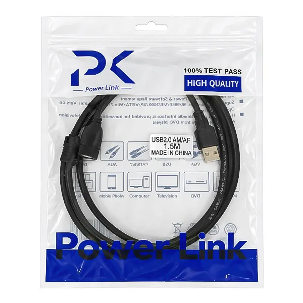 کابل افزایش طول USB 2.0 پاور لینک 1.5 متری مشکی در بسته بندی