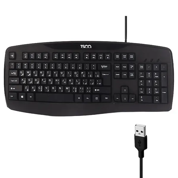نمای بالا کیبورد تسکو TK 8043 با حروف فارسی و انگلیسی و کابل USB