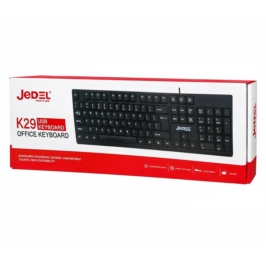 جعبه بسته‌بندی قرمز و سفید کیبورد اداری JEDEL K29 USB Keyboard
