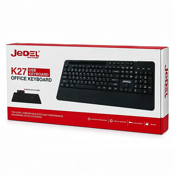 جعبه بسته‌بندی کیبورد اداری JEDEL K27 با تصویر استند موبایل