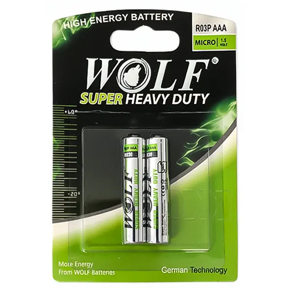 نمای نزدیک پک دو عددی باتری AAA ولف WOLF Super Heavy Duty با ولتاژ ۱.۵ ولت