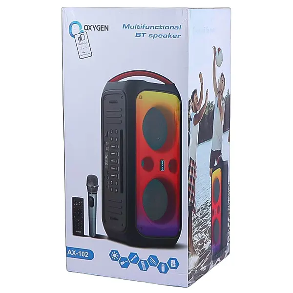 جعبه بسته بندی اسپیکر چند کاره بلوتوثی اکسیژن مدل AX-102 مجهز به پاور بانک و قابلیت کارائوکه