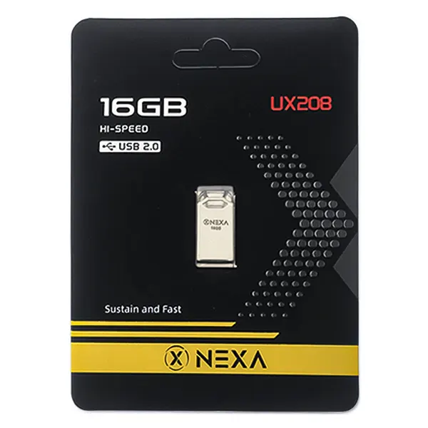 بسته‌بندی کارتنی مشکی و زرد فلش مموری نکسا ۱۶ گیگابایت مدل UX208 با رابط USB 2.0