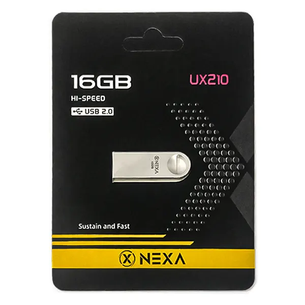 بسته‌بندی کارتنی مشکی و زرد فلش مموری نکسا 16 گیگابایت مدل UX210 با رابط USB 2.0