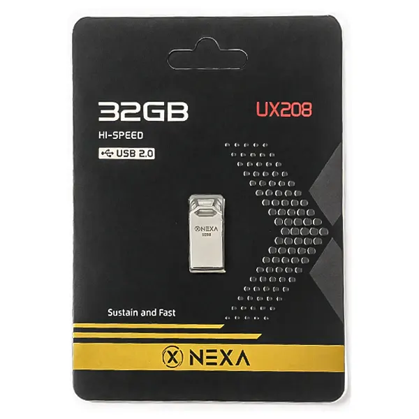 بسته‌بندی کارتنی مشکی و زرد فلش مموری نکسا 32 گیگابایت مدل UX208 با رابط USB 2.0