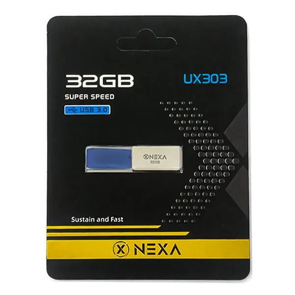 بسته‌بندی کارتنی مشکی و زرد فلش مموری نکسا ۳۲ گیگابایت مدل UX303 با رابط پرسرعت USB 3.0