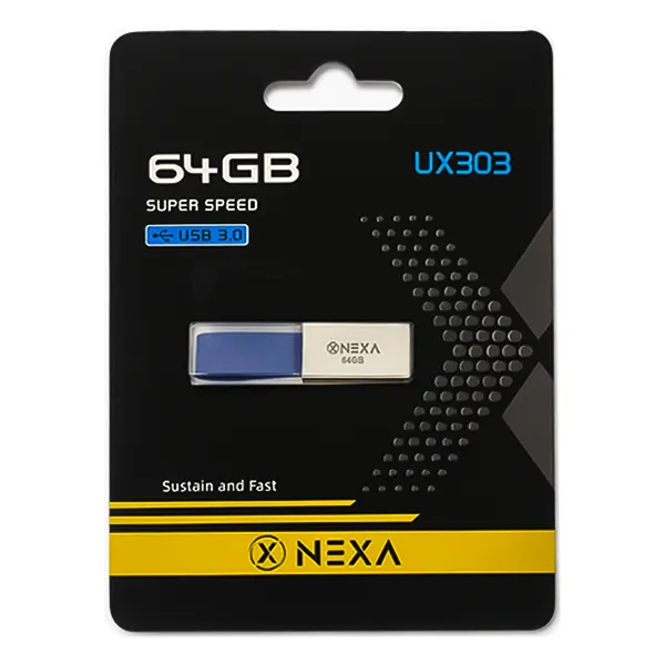 بسته‌بندی کارتنی مشکی و زرد فلش مموری نکسا 64 گیگابایت مدل UX303 با رابط پرسرعت USB 3.0
