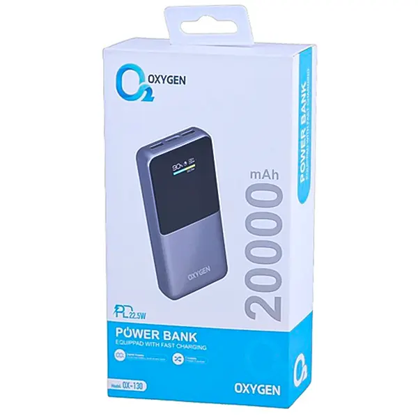 جعبه بسته‌بندی اصلی پاوربانک ۲۰۰۰۰ اکسیژن OX-130 با قابلیت شارژ سریع 22.5W
