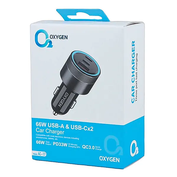 جعبه شارژر فندکی اکسیژن AC-17 با توان درج‌شده 66 وات و پشتیبانی از PD و QC3.0