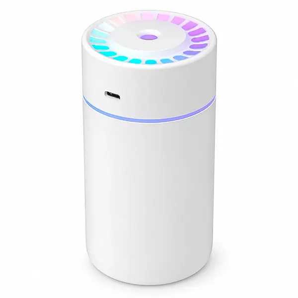 دستگاه بخور سرد رومیزی مدل DHC-HUM-01 با بدنه سفید و نورپردازی RGB و پورت شارژ
