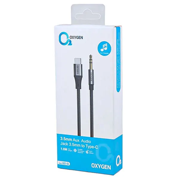 جعبه و بسته‌بندی سفید و آبی کابل تبدیل صوتی 3.5mm به Type-C اکسیژن مدل AUX-06 طول 1 متر
