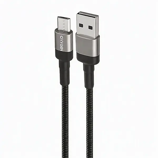 کابل USB به MicroUSB اکسیژن مدل LX-1 با روکش کنفی مشکی و سوکت‌های فلزی
