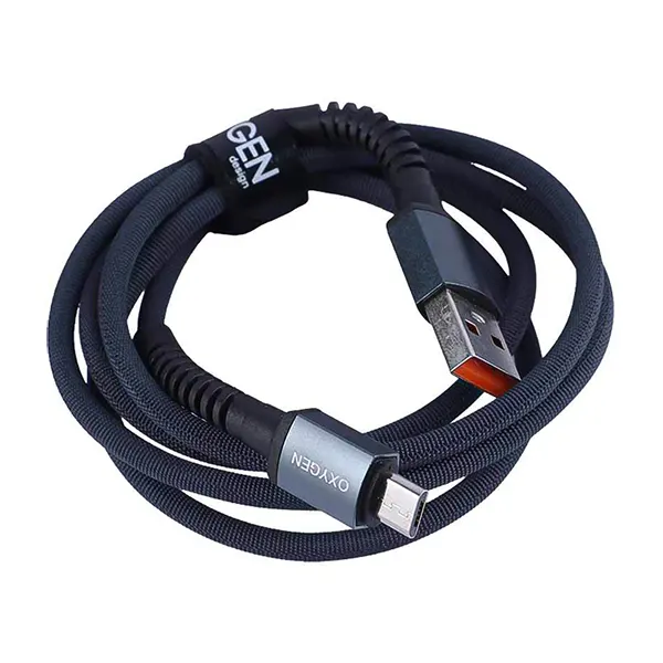 کابل USB به MicroUSB اکسیژن مدل LX-25 طول 1 متر به صورت جمع‌شده با بند نگه‌دارنده