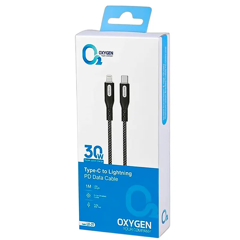 جعبه کابل شارژ سریع Type-C به Lightning اکسیژن مدل LX-27 طول ۱ متر
