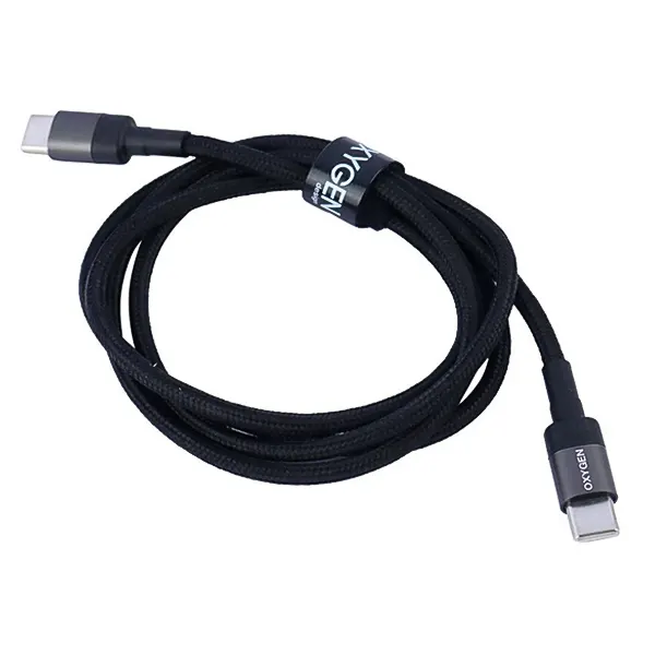 کابل دو سر Type-C اکسیژن مدل LX-1 به صورت جمع‌شده با بند نگه‌دارنده برند OXYGEN