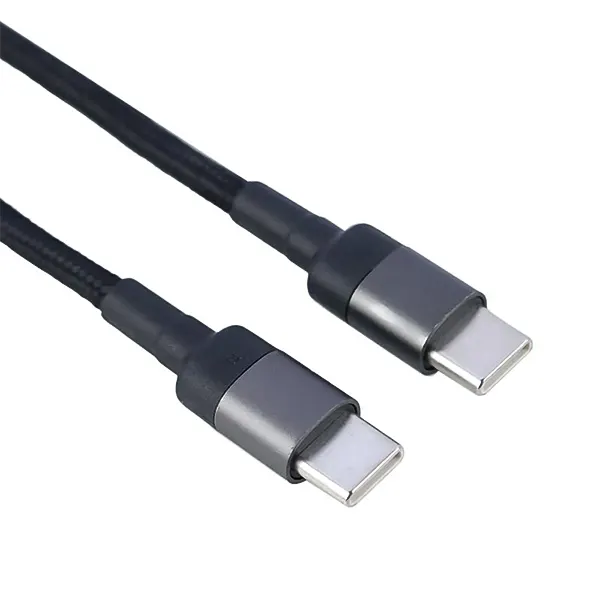 نمای نزدیک دو کانکتور Type-C با بدنه‌ی فلزی خاکستری و روکش کنفی مشکی کابل اکسیژن LX-1