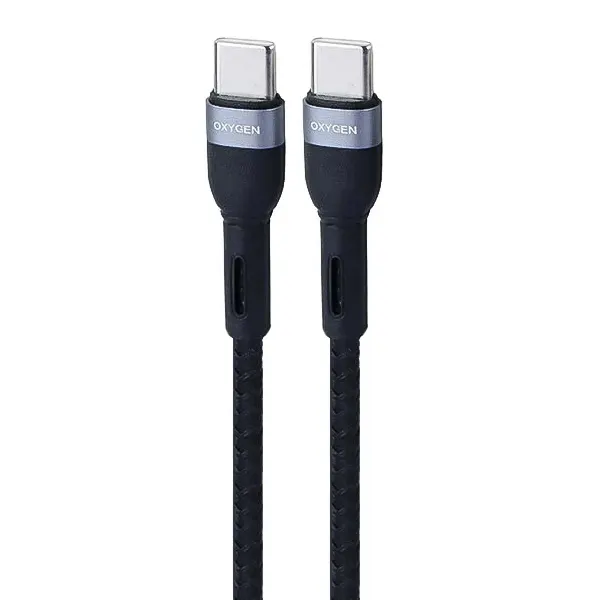 نمای نزدیک دو کانکتور آلومینیومی تایپ سی کابل ۶۰ وات پاوربانک اکسیژن LX-40