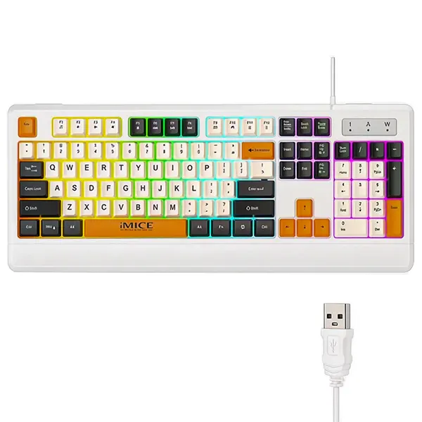 نمای روشن کیبورد گیمینگ iMICE AK-100 به همراه کابل اتصال USB سفیدرنگ
